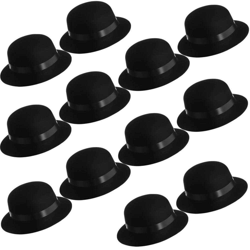 1839 12 Pieces Black Bowler Derby Hats Bulk 1920s Party Supplies, Plastic